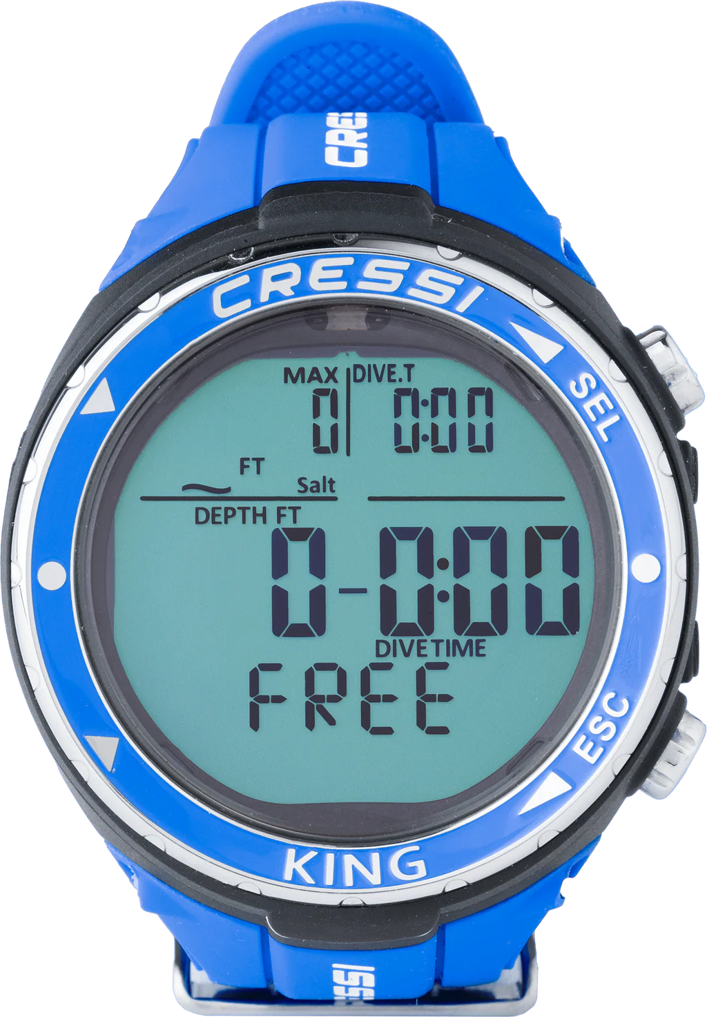 Der blaue Cressi King Uhren-Tauchcomputer in der Frontansicht mit leuchtendem Segmentdisplay und metallenen Akzenten.