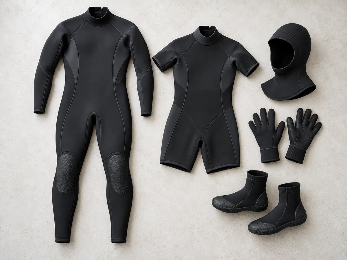 Langer Neoprenanzug, Shorty, Kopfhaube, Handschuhe und Füßlinge.