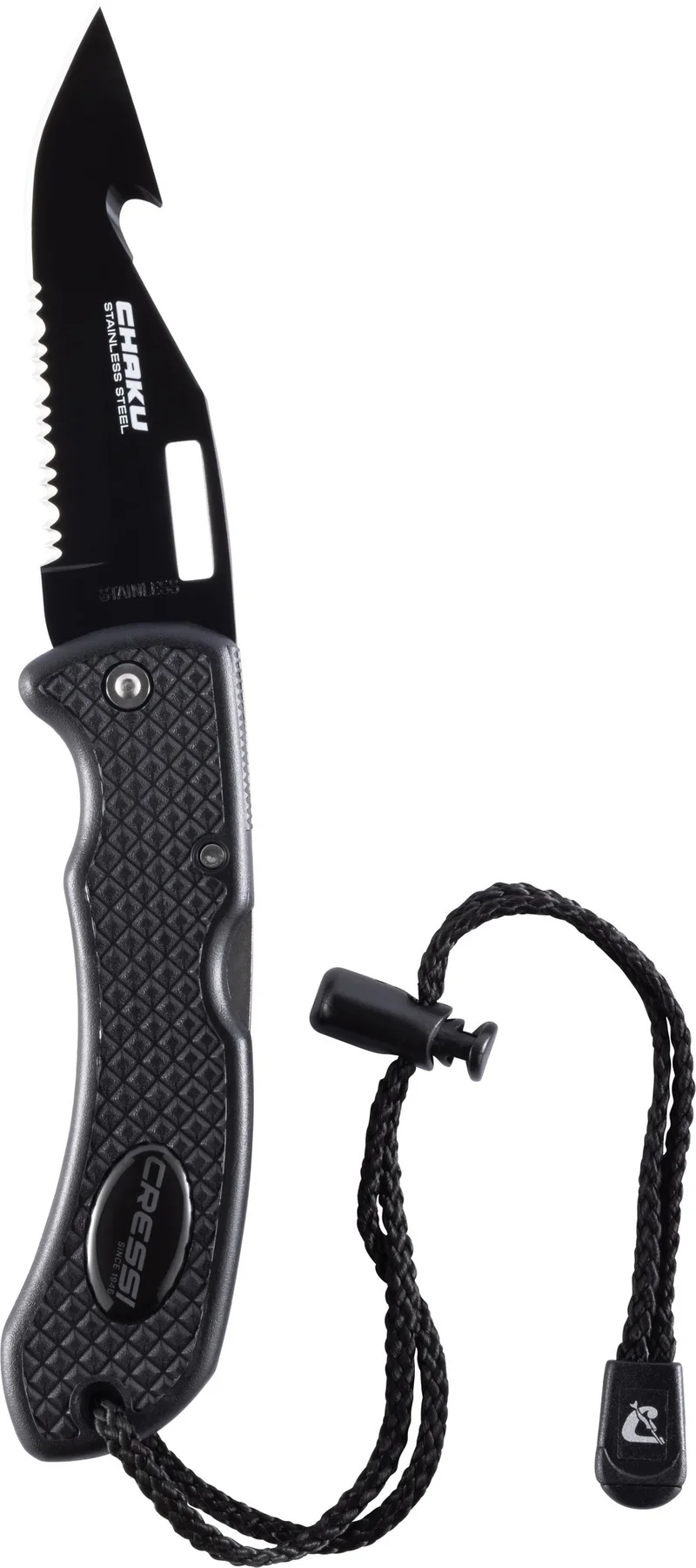 Das Cressi Chaku Tauchmesser in der komplett schwarzen Ausführung. Das Klappmesser ist halb geöffnet, um den praktischen Taschenmesser-Mechanismus zu zeigen.