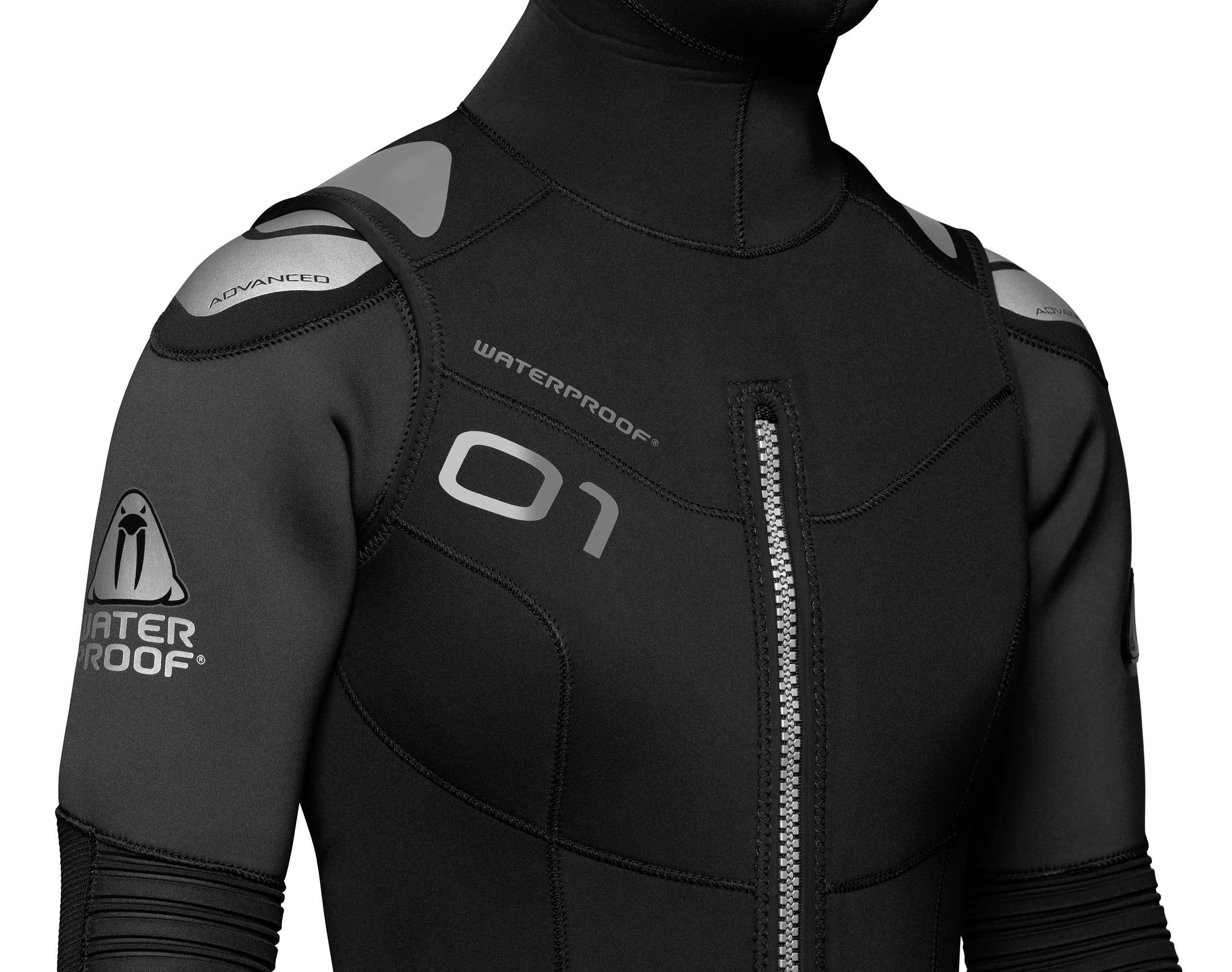 Schultern Waterproof Eisweste O1 5mm Overvest integrierter Kopfhaube und Frontreißverschluss, ideal als Überziehweste für Kaltwassertauchen.