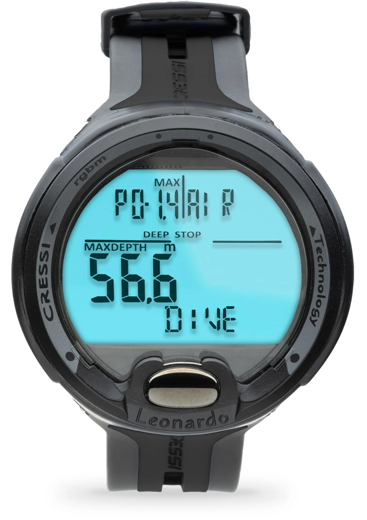 Cressi Leonardo 2.0 schwarz Tauchcomputer in Frontansicht, auf der das übersichtliche Display zu sehen ist