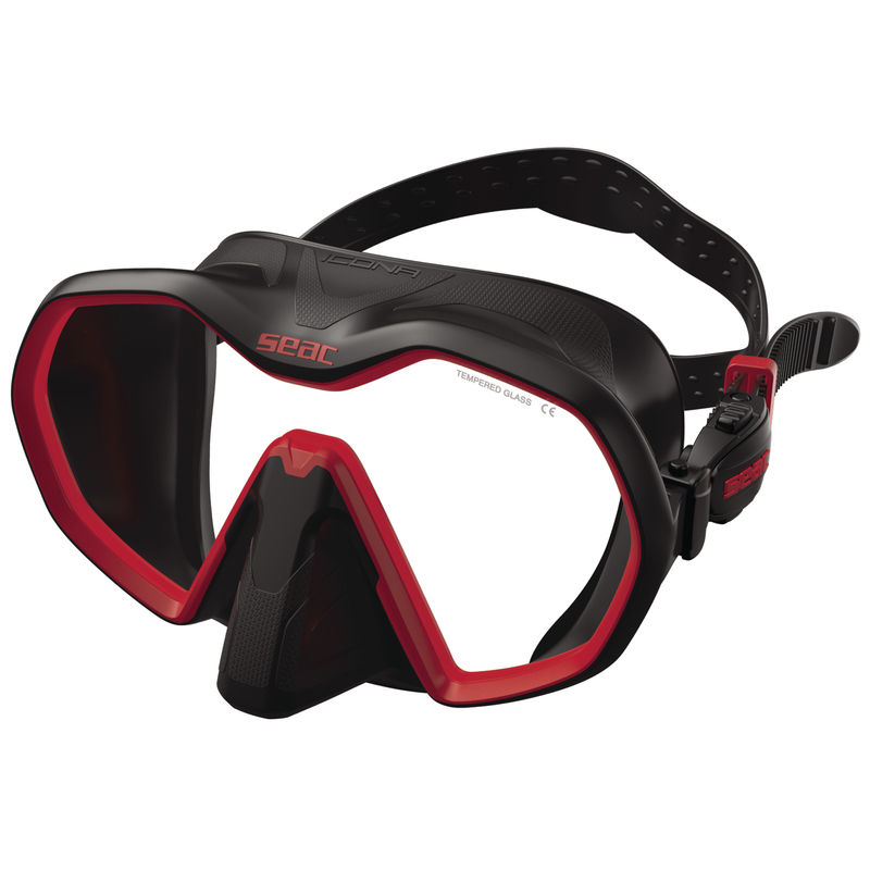 Die Seac Icona Frameless Tauchmaske in der Frontansicht. Rahmenloses Design für maximales Panoramasichtfeld und leichtes Gewicht.