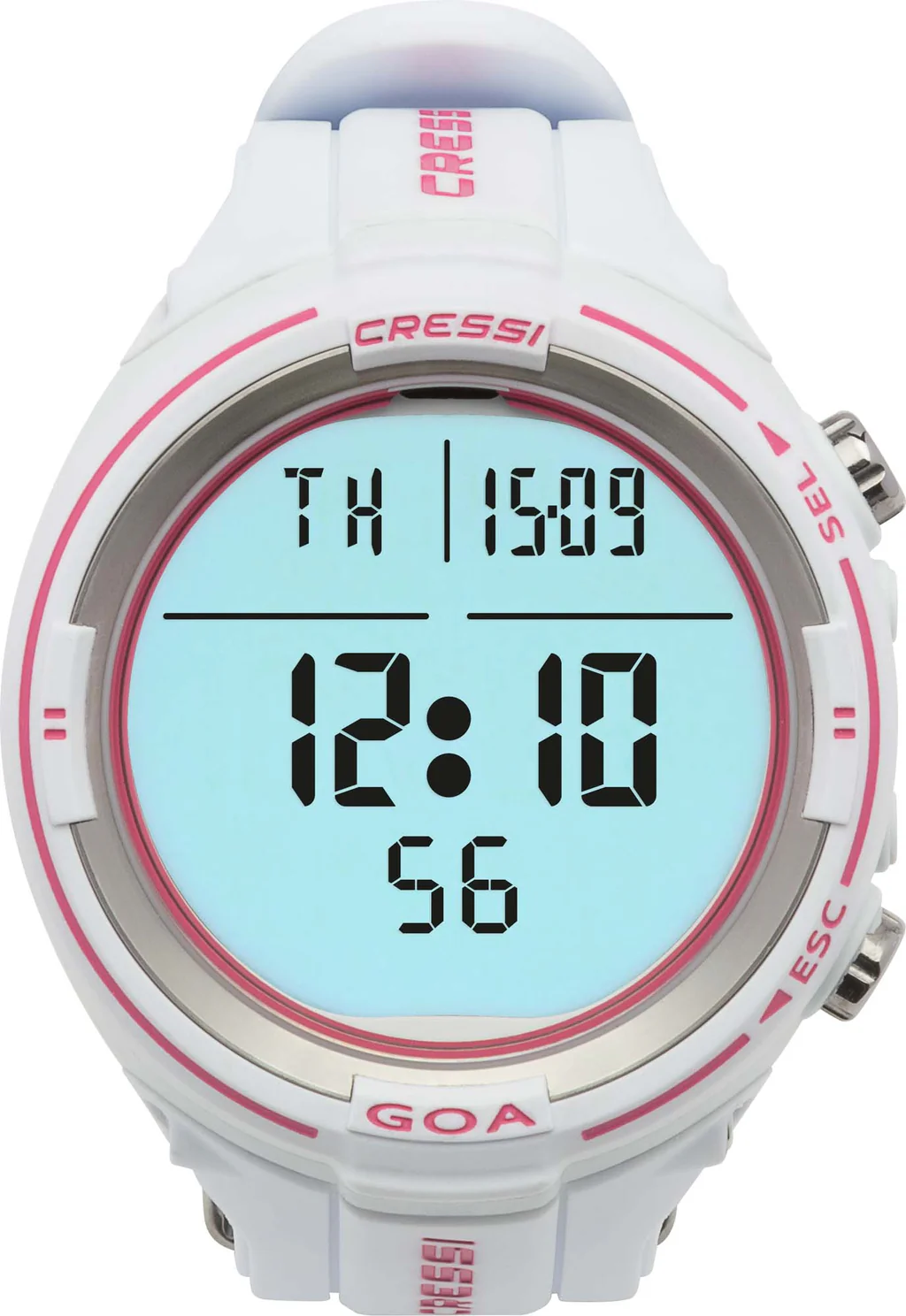 Cressi Goa Tauchcomputer in femininem Design mit weißem Silikonarmband und leuchtend rosa Details um das Display.
