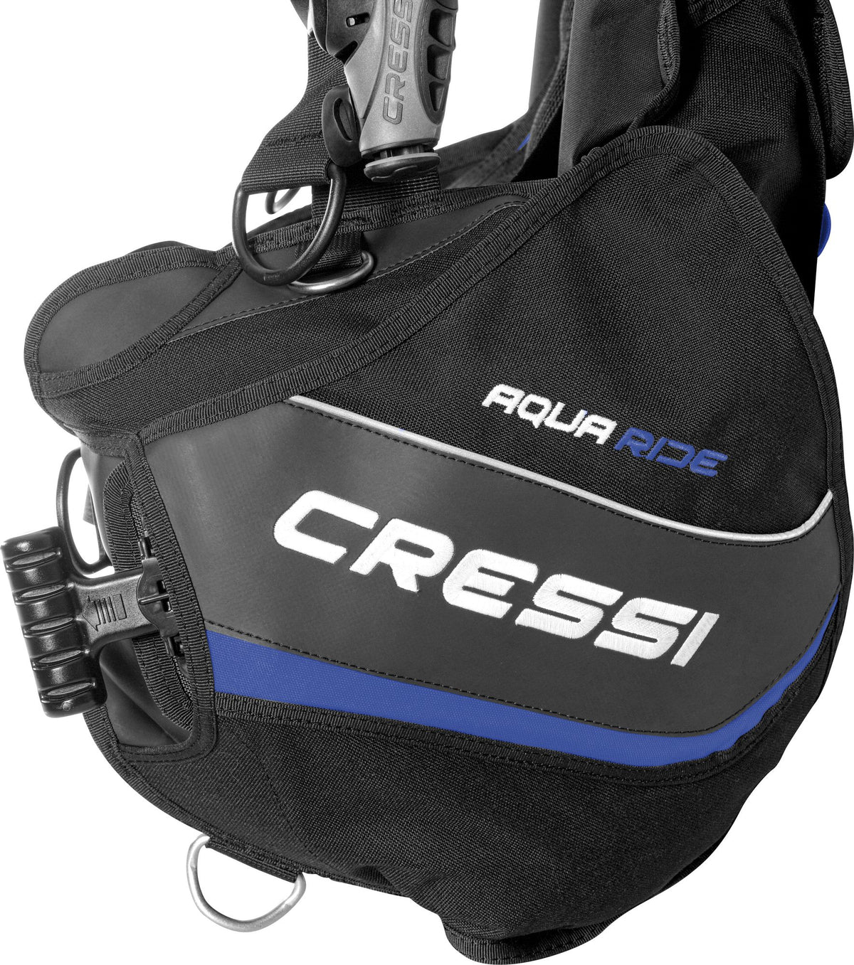 Detailansicht des flachen Lock-Aid Bleisystems (LAS) am Cressi Aquaride Tarierjacket, das einen schnellen Abwurf im Notfall garantiert.