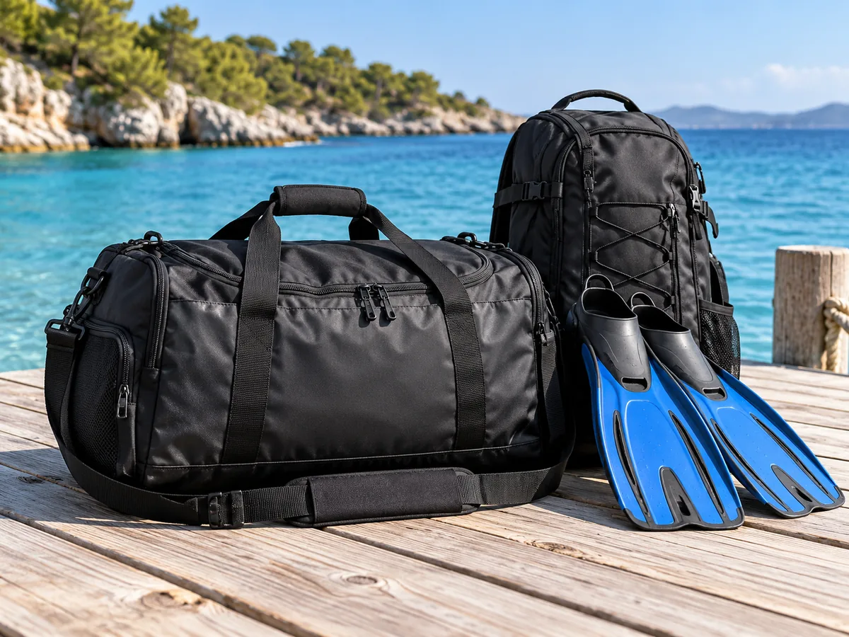 Tauchtasche und Rucksack mit Flossen am Bootssteg.