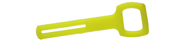 Der leuchtend gelbe Octopushalter aus flexiblem Silikon mit schwarzem Kunststoff-Karabiner zur Befestigung.