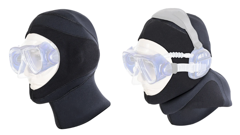 Die schwarze ProEar 6mm Neopren-Kopfhaube im Seitenprofil mit der deutlich sichtbaren, erweiterten Tasche für die Ohrmuscheln.