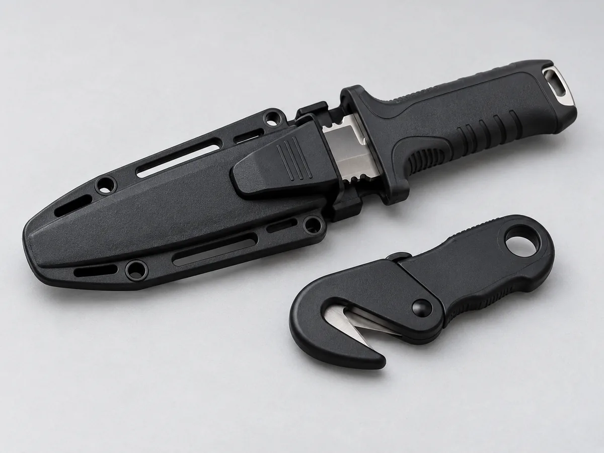 Kompaktes Tauchmesser in Scheide und Leinencutter.
