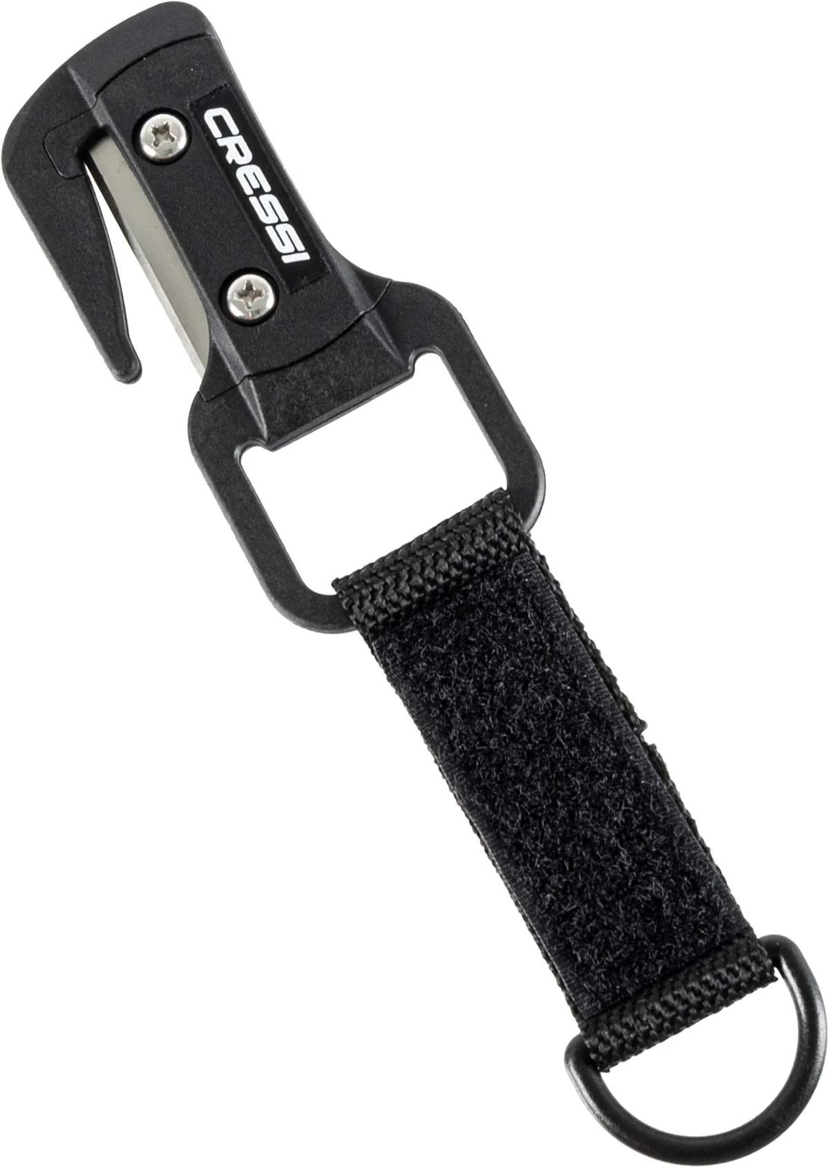 Der kompakte Cressi Leinenschneider (Line Cutter) in Signalfarbe, liegend vor seiner robusten schwarzen Nylonscheide.